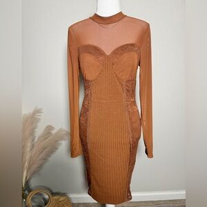 NWT Chocolate - Brown Lace Long-Sleeve Sheer Panel Bodycon Dress